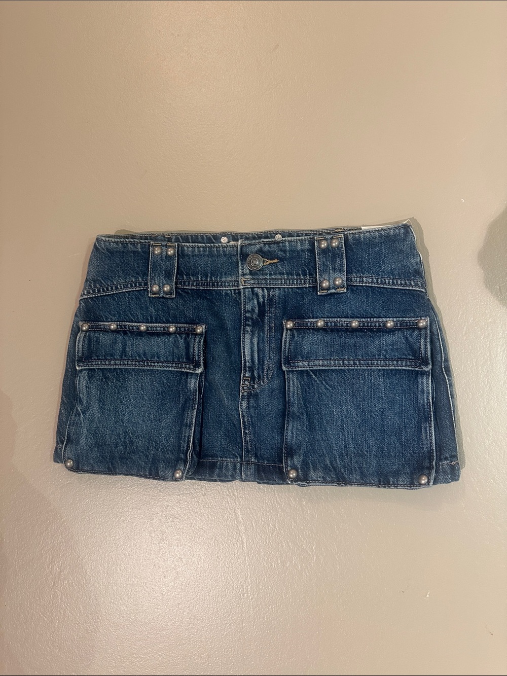 We The Free Dark Blue Denim Mini Skirt with Front Flap Pockets